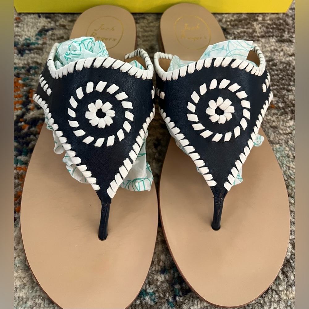 Jack Rogers BLAIR Thong Slip On Leather Sandals Midnight Blue White Size 10 BOX